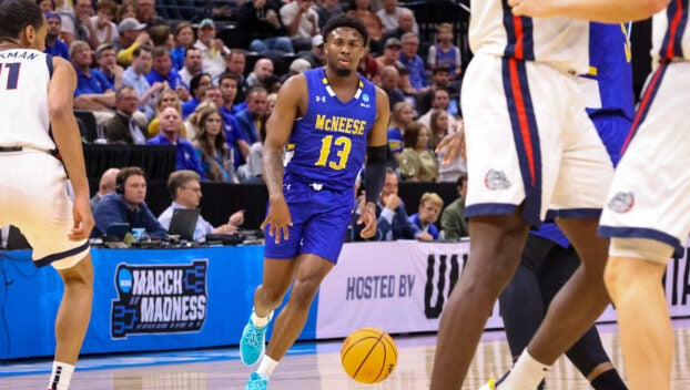 (Photo by PJ Mitchell/McNeese Athletics) McNeese guard Shahada Wells looks for an opening Thursday night against Gonzaga.